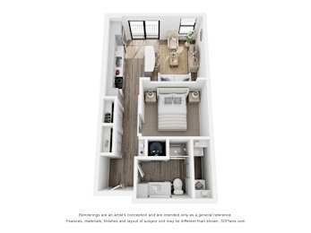 Rendering of the Pike's Peak studio apartment with one bathroom apartment at Velo Interlocken in Broomfield, CO
