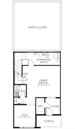 A floor plan of a house with a game room and a porch.