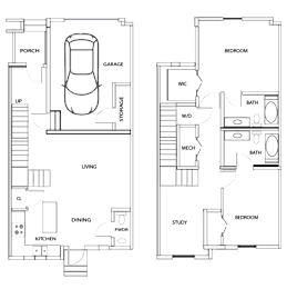 A floor plan of a house with labeled rooms such as bedroom, study, and kitchen.