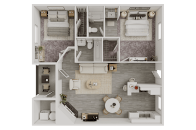 A top-down view of a small, neatly organized apartment with a kitchen, living room, and bathroom.