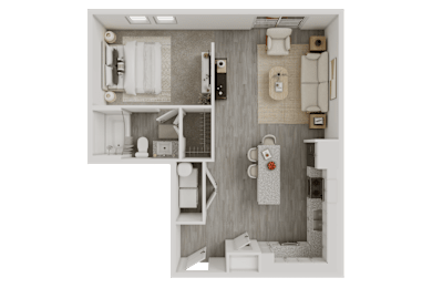 3D floor plan with one bedroom layout at Avion at West Lemmon Apartments, Dallas, 75235