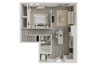 3D furnished floor plan top view at Avion at West Lemmon Apartments, Texas
