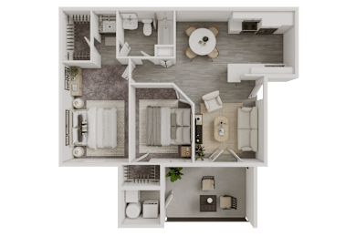 A top-down view of a house layout with a living room, kitchen, and two bedrooms.