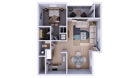 A floor plan of a small apartment with a kitchen, living room, and bathroom.