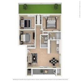A floor plan of a house with a kitchen, living room, and two bedrooms.