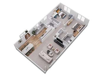 A 3D floor plan of a house with a kitchen, living room, and bedrooms.