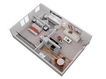 A top down view of a small apartment with a bedroom, living room, and kitchen.