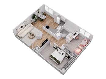 A top-down view of a well-organized apartment with a living area, kitchen, and bedrooms.