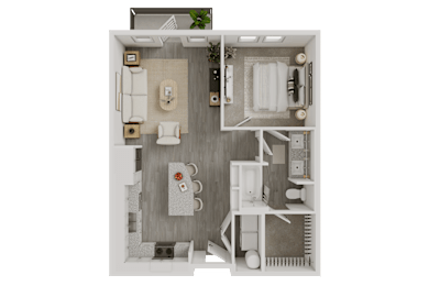 3D floor plan showing one bedroom and open layout at Avion at West Lemmon Apartments, Dallas, Texas