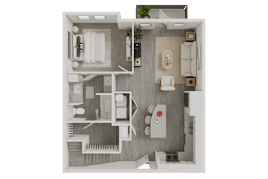 One bedroom apartment 3D floor plan layout at Avion at West Lemmon Apartments, Dallas
