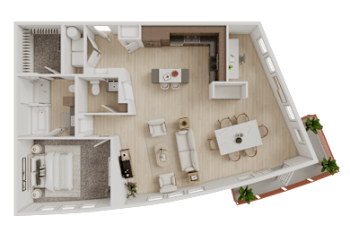 One bedroom apartment 3D floor plan with balcony at Matilda at Lower Greenville Apartments, Dallas, TX