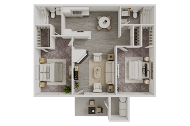 A top-down view of a house layout with a kitchen, living room, and bathrooms.