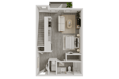 3D floor plan with living area and bathroom at Avion at West Lemmon Apartments, Texas, 75235