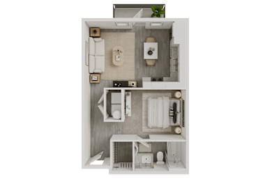 Studio apartment 3D floor plan with balcony at Avion at West Lemmon Apartments, Dallas, 75235