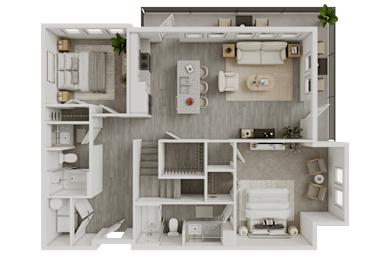 Two bedroom apartment 3D floor plan layout at Avion at West Lemmon Apartments, Dallas, Texas