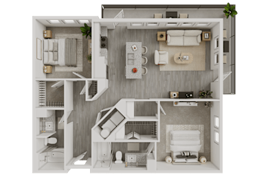 3D two bedroom apartment floor plan layout at Avion at West Lemmon Apartments, Texas