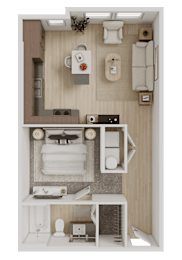 Studio apartment 3D floor plan with open layout at Matilda at Lower Greenville Apartments, Dallas