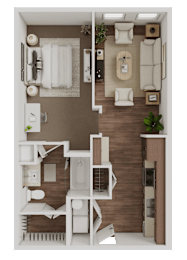 3D one bedroom floor plan with living and kitchen areas at The Mark at Midtown Apartments, Dallas, Texas
