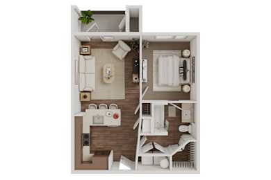 A detailed 3D floor plan of a small apartment.