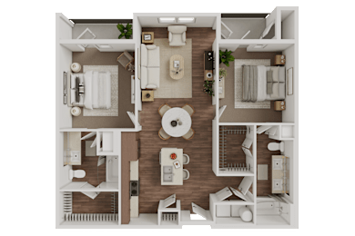 A detailed 3D floor plan of a house layout.