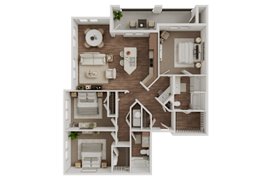 A detailed 3D floor plan of a two-story residential apartment.