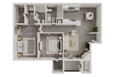 A top-down view of a house layout with a kitchen, living room, and bathroom.