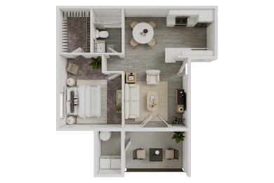 A top-down view of a house layout with a kitchen, living room, and bathroom.