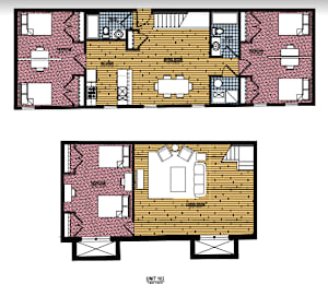 A floor plan of a unit with a living room, kitchen, and two bedrooms.