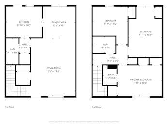 A black and white image of a floor plan for a two-story house.