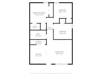 A floor plan of a house with a living room, kitchen, two bedrooms, a bath, and a laundry area.