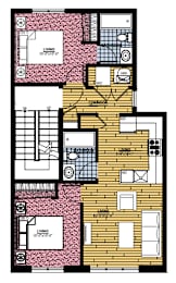 A floor plan of an apartment complex with various rooms and layouts.