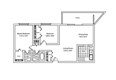 A black and white image of a floor plan for a house with a master bedroom, dining area, living room, and two other bedrooms.