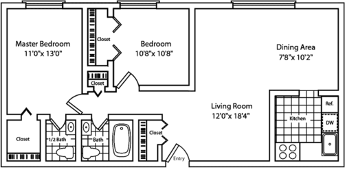 A black and white floor plan of a house with a master bedroom, a dining area, a living room, a kitchen, and two bathrooms.