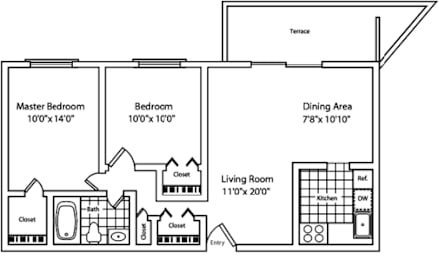 A black and white floor plan of a house with a master bedroom, a dining area, a living room, and two bathrooms.