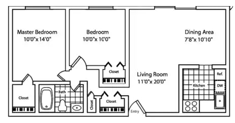 A floor plan of a house with a master bedroom, a bedroom, a dining area, and a living room.