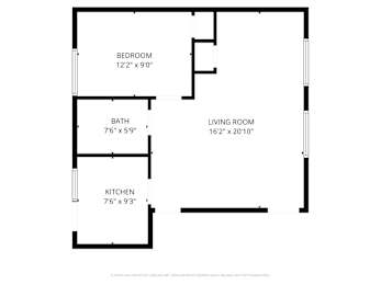 A black and white floor plan for a home with a bedroom, living room, kitchen, and bath.