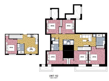 A floor plan of a unit with a living room, kitchen, and two bedrooms.