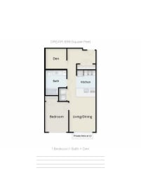 A floor plan of a 721 square feet apartment with one bedroom, one bathroom, a den, a kitchen, and a living/dining room.