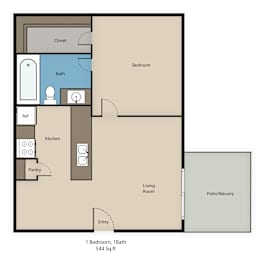 Floor Plan  A floor plan of a one bedroom apartment with a bath, kitchen, and living room.