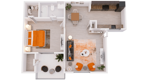 Floor Plan  a 3D floor plan of 1-bed/1-bath A
