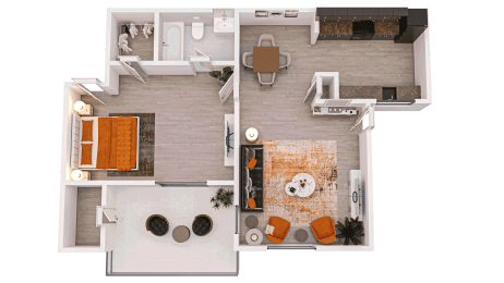 Floor Plan  a 3D floor plan of a 1-bed/1-bath B