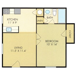 A floor plan of a small apartment with a kitchen, bathroom, living room, and bedroom.