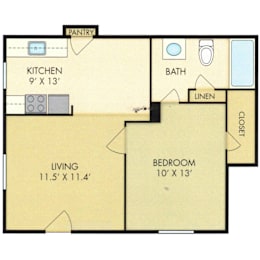 A floor plan of a small apartment with a living room, bedroom, kitchen, bathroom, and closet.