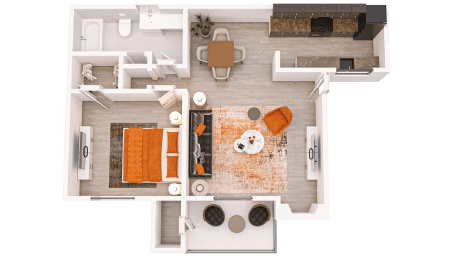 Floor Plan  a 3D floor plan of a 1-bed/1-bath C