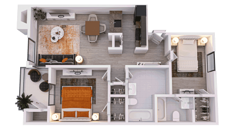 Floor Plan  a 3D floor plan of a 2-bed/2-bath D