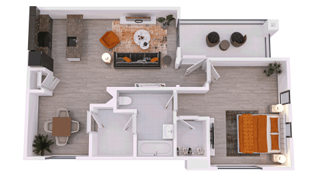 Floor Plan  a 3D floor plan of a 1-bed/1-bath F