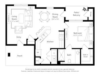 A black and white floor plan of a house with a living room, dining room, kitchen, bathroom, bedroom, and porch.