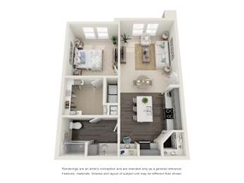 A floor plan of a small apartment with a kitchen, living room, and two bedrooms.