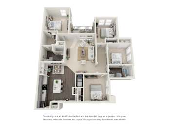 A 3D rendered image of a house layout.