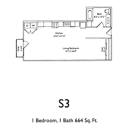 A floor plan for a one bedroom, one bath apartment.